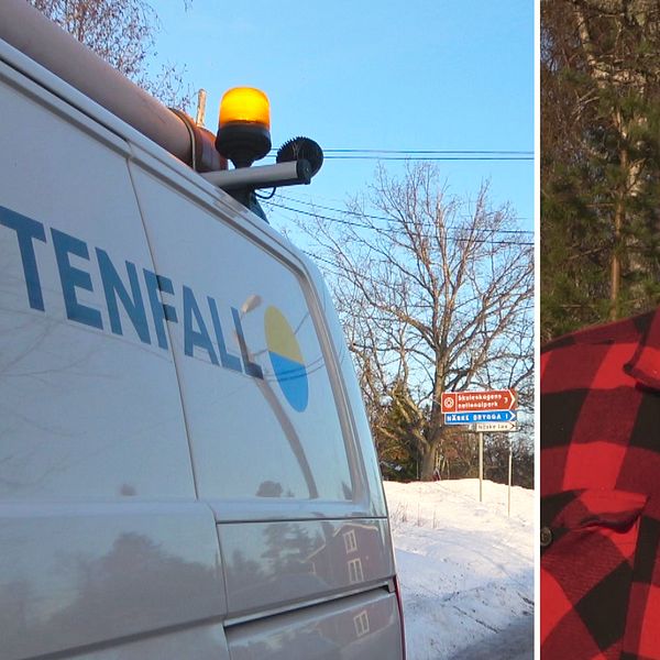 Vänster del visar en Vattenfall-van med en blinkande lampa och en snötäckt väg i bakgrunden. Höger del visar en person i röd- och svartrutigt mönster med en vintermössa, som står utanför i kallt väder.