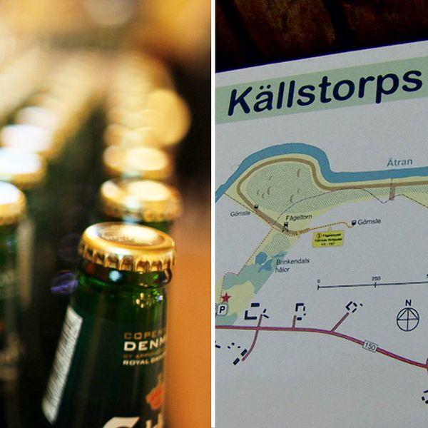 Splitbild på ölflaskor och en skylt för Källstorps våtmark.
