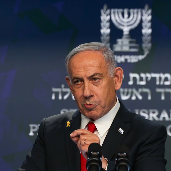 En person i kostym talar vid ett podium med Israels statsvapen i bakgrunden.