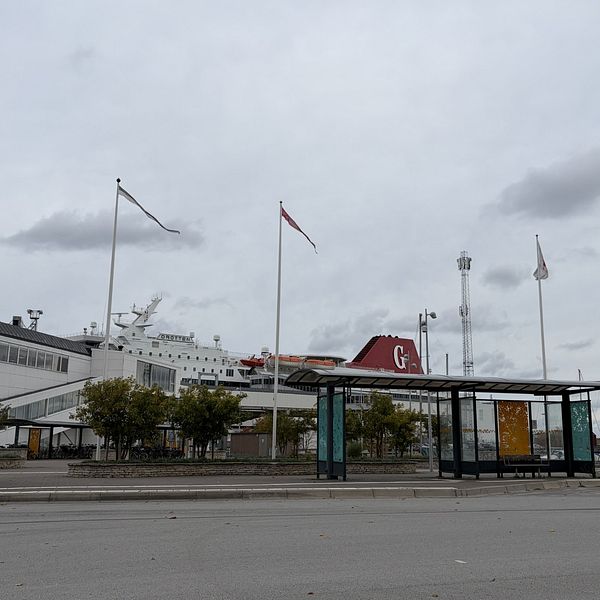 Tom gata vid färjeterminalen på Gotland i hårt väder, med Robin Pettersson väntande i bakgrunden