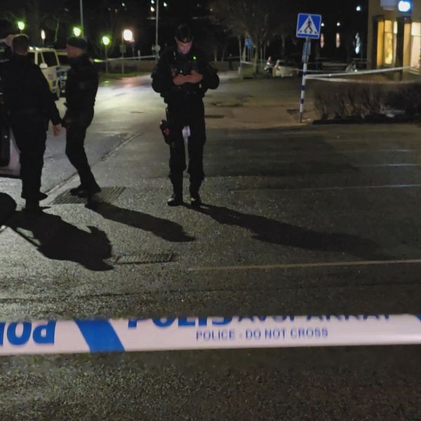 Poliser står i en upplyst parkeringsplats där en polisbil är parkerad. En av poliserna använder en mobiltelefon medan de andra samtalar. En avspärrning med texten ”POLIS – DO NOT CROSS” syns i förgrunden. I bakgrunden finns en sopkärl och en affärslokal i svagt ljus.