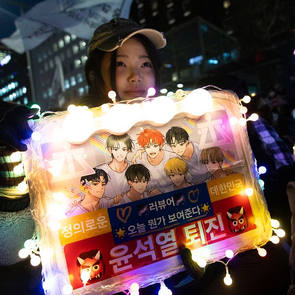 En person håller upp en färgglad skylt dekorerad med ljusslingor, som visar en illustration av flera karaktärer i en grupp, tillsammans med text på koreanska. Skylten är synlig vid en nattlig demonstration, där andra deltagare också kan ses i bakgrunden.