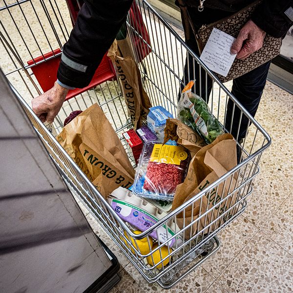 En kunds varukorg fylld med olika livsmedel som kött, grönsaker och förpackningar, med en hand som håller i en inköpslista.