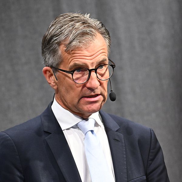 Erik Thedéen står på scenen och talar i en mikrofon. Han bär en mörk kostym med en vit skjorta och en ljusblå slips. Bakgrunden är en grå scen.