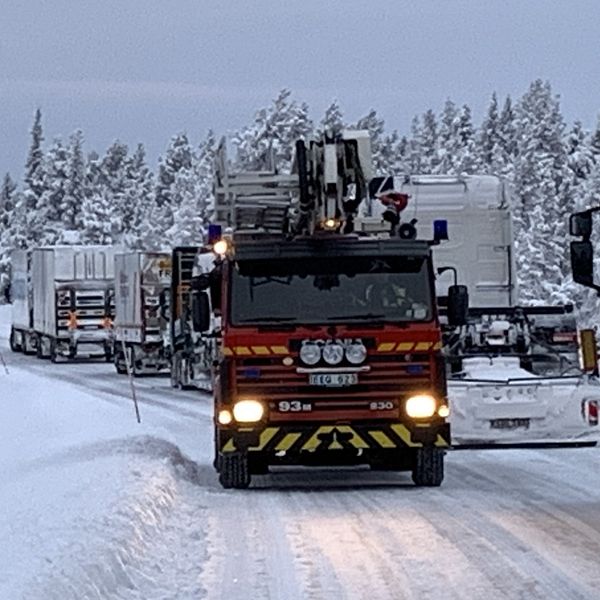 Flera lastbilar på rad vid avspärrningen mellan Arjeplog och Arvidsjaur.