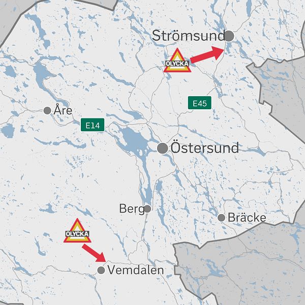 Karta med Strömsund, Vemdalen mm. och olycksplatserna på E45 och väg 315 markerade