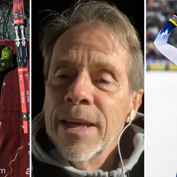 Tredelad bild. Vänster: glädje på prispall. Höger: skidåkare i segerpose.