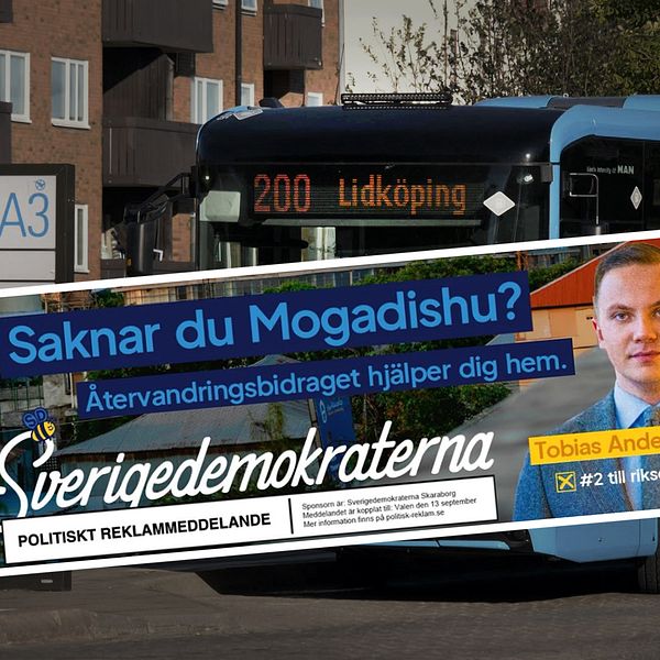 SD poster on Västtrafik bus with the text "Do you miss Mogadishu?"