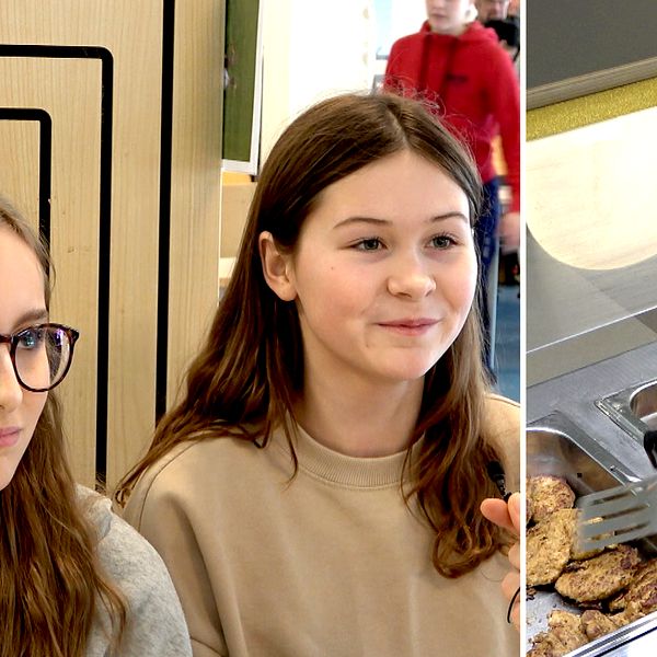 elever i en skola och ett barn tar mat i skolmatsal