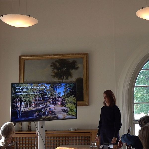En presentation pågår i ett ljust rum med stora fönster. En kvinna står framför en skärmtv som visar en bild av en park. En annan kvinna, till vänster, verkar förbereda sig för att tala. Rummet innehåller också konstverk och möbler i trä. Deltagarna i rummet är fokuserade på presentationen.
