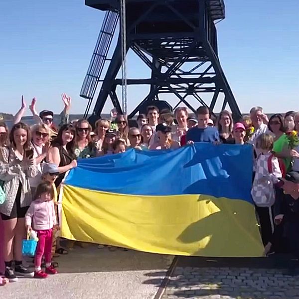 30-tals ukrainare står med den blågula flaggan nere vid den stora lyftkranen i Södra hamn, Luleå.