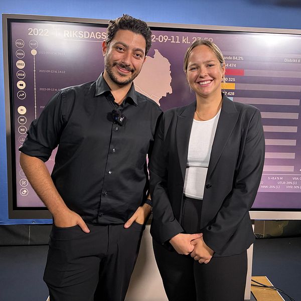 Fouad Youcefi och Annika Hansson vid SVT:s valskärm.