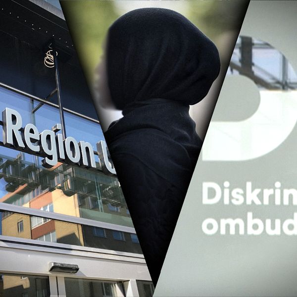 Kvinna i slöja under bilder på Region Uppsala och Diskrimineringsombudsmannen