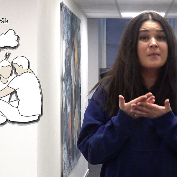 Antonia står i en korridor och tecknar ”hjälp”. På bilden finns också en teckning för två personer som håller om varandra. Över den ena personens huvud finns två moln och tre blixtar.