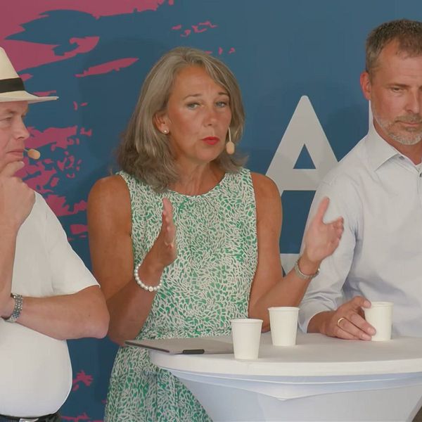 Fredrik Bergström, vd Wikinarium, Annika Winsth, chefekonom, Nordea och Magnus Persson, vd Skanska Sverige står vid ett bord på en scen i Almedalen och diskuterar behovet av infrastruktur i Sverige.