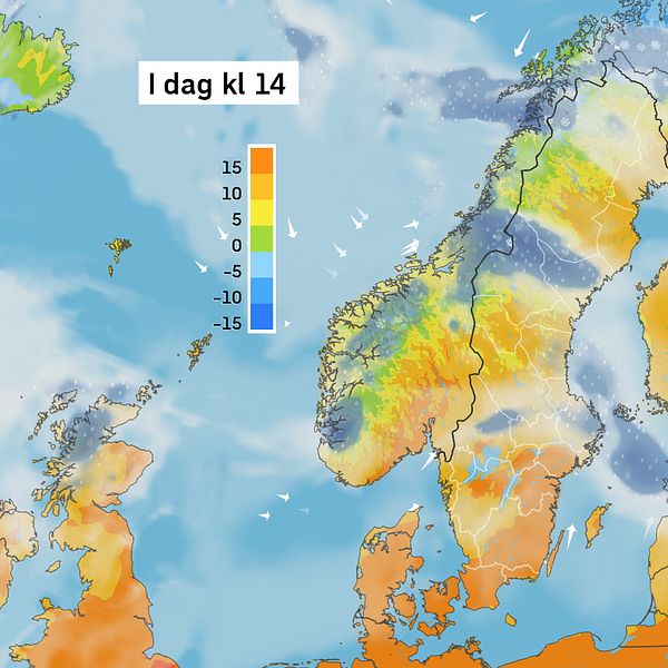 Väderkarta som visar väder i Sverige – prognos för i dag och kommande dagar.