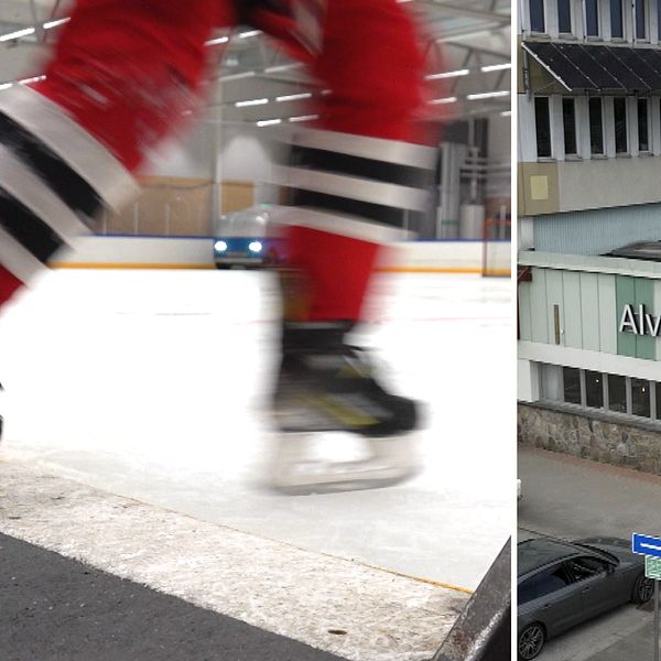 Spelare på is och Alvesta kommuns entré vid planerad ishall