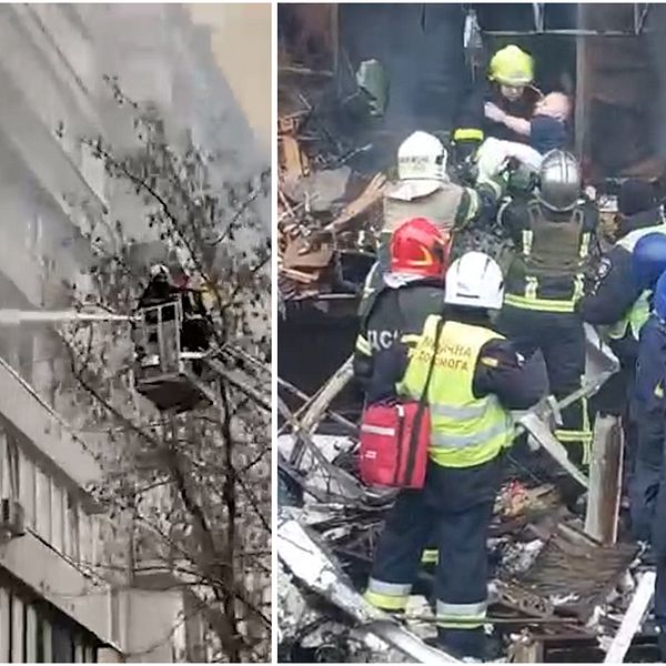 Ukrainsk räddningstjänst släcker en brand i ett höghus och räddar en person.