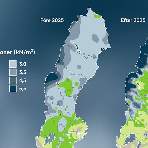Kartor över snölastzoner i Sverige. Den ena före 2025  och den andra visar förändring som börjar gälla 2025.
