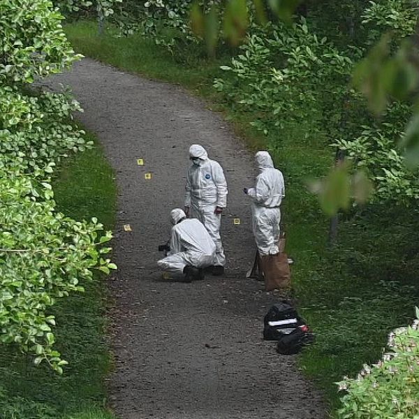 Polisens tekniker undersöker platsen efter en skjutning i Borås