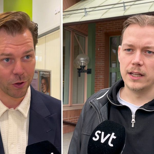 I bild till vänster; Henrik Estander (L) ordförande i utbildningsnämnden står i kommunhuset och ger en intervju. I bild till höger: Henrik Karlström (SD), kommunstyrelsens vice ordförande i intervju utanför kommunhuset i Ljusdal.