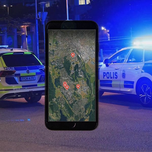Telefon med karta som visar var skjutningar har skett