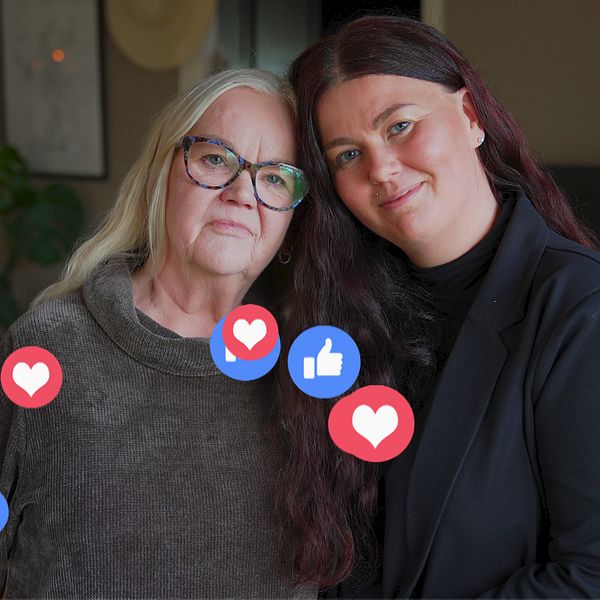Två personer står nära varandra inomhus. Gilla- och hjärtsymboler svävar i förgrunden.