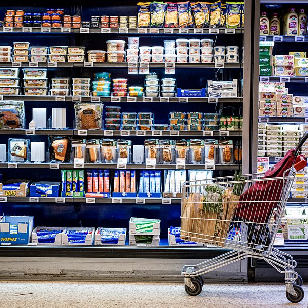 En kundvagn står framför en kyldisk med mejeriprodukter i en mataffär.
