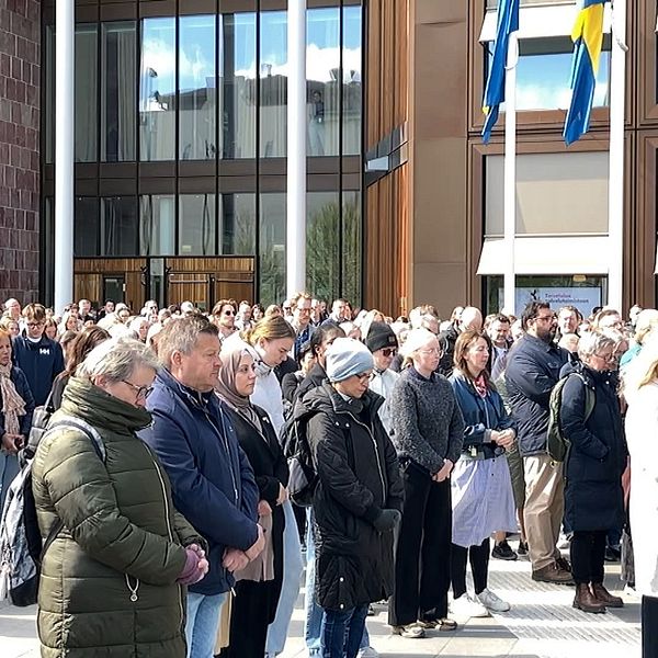 Stor folkmassa står samlad utanför en byggnad med svenska flaggor i solsken.