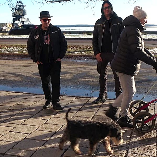 En kvinna med rollator och hund passerar Dark Funerals Mikael ”Lord Ahriman” Svanberg och Andreas ”Heljarmadr” Vingbäck.