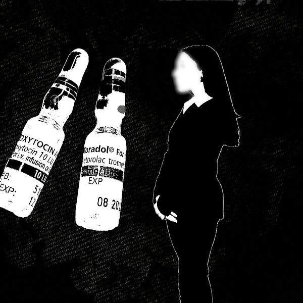 Illustration på två ampuller oxytocin och en gravid kvinnas siluett