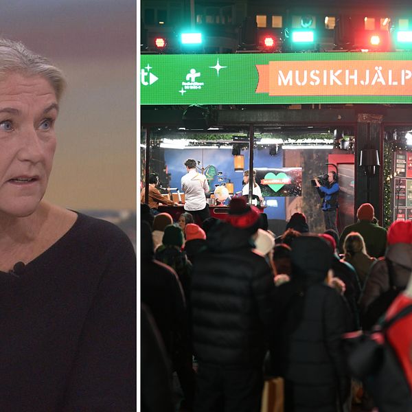 Anna-Karin Larsson, ansvarig utgivare Musikhjälpen och människor som står utanför Musikhjälpen-buren.