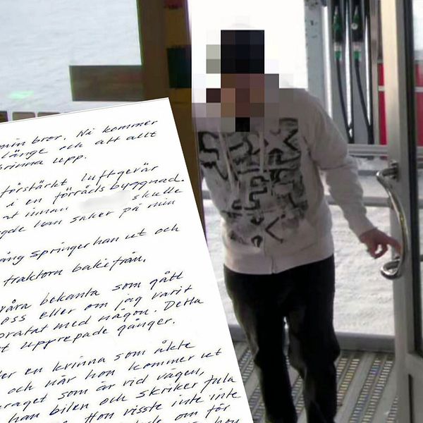 En bild på ett handskrivet brev och en pixlad bild på mannen som åtalas för mordet i lainio.