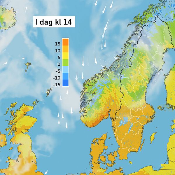 Väderkarta som visar väder i Sverige – prognos för i dag och kommande dagar.