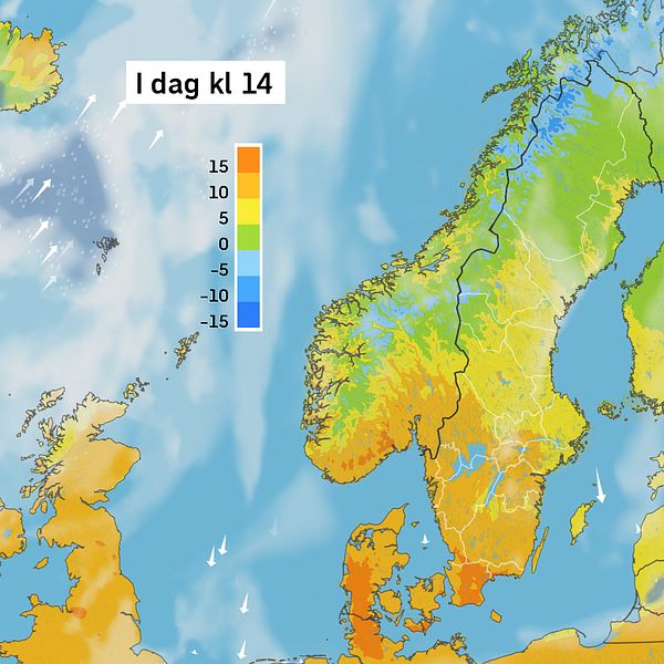 Väderkarta som visar väder i Sverige – prognos för i dag och kommande dagar.