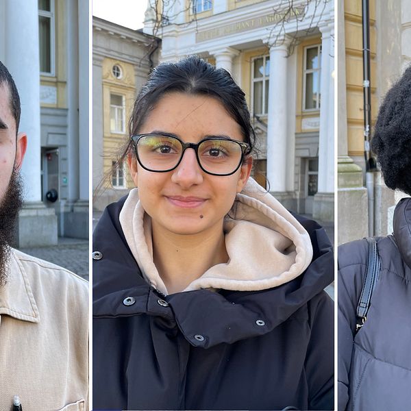 Tredelad bild. Vänster: man med skägg utanför byggnad. Mitten: person i jacka framför pelare. Höger: kvinna med kappa.