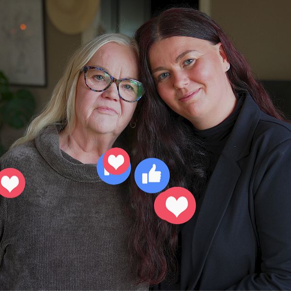 Två personer står nära varandra inomhus. Gilla- och hjärtsymboler svävar i förgrunden.