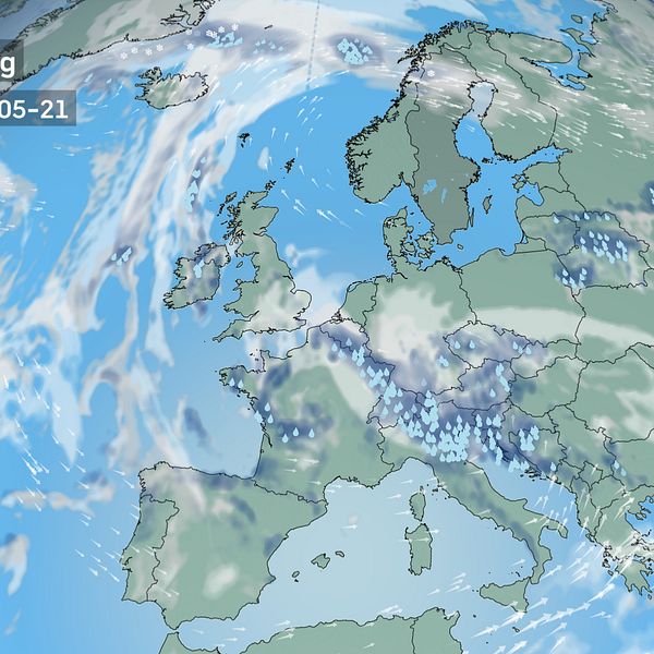 Väderkarta som visar väder i Europa– prognos för i dag och kommande dagar