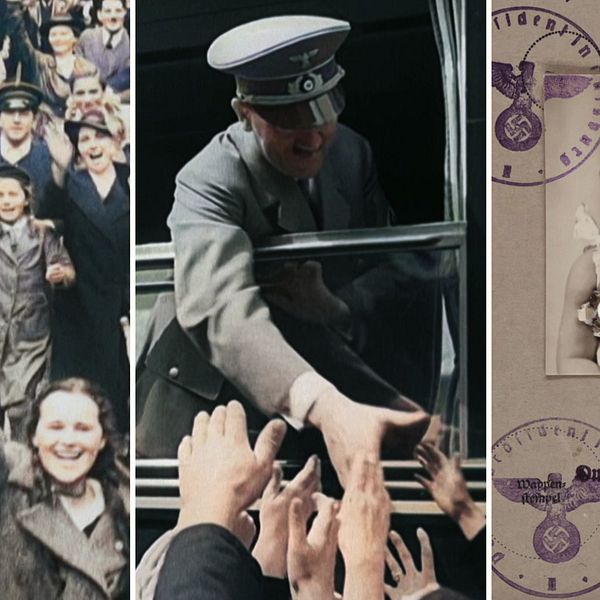 Bilder från SVT:s nya serie ”Sverige och kriget”. Vänster: glada människor i folkmassa. Mitten: Hitler i uniform hälsar på människor. Höger: gammalt pass med stämplar.