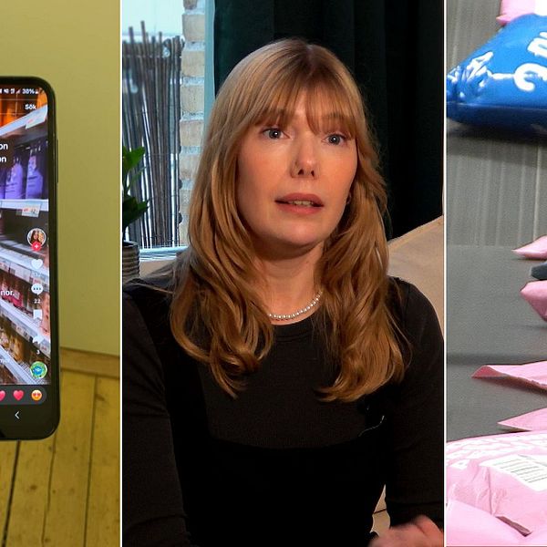 Vänsterbild: en mobiltelefon som visar ett TikTok-konto. Mitten: Halvbild på Emily Dahl. Höger: Shoppingpåsar som rullar på ett band.