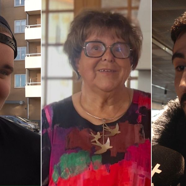 En delad bild med tre olika personer. En ung kille i keps, en pensionerad kvinna i sitt hem och en ung kille med svart jacka.