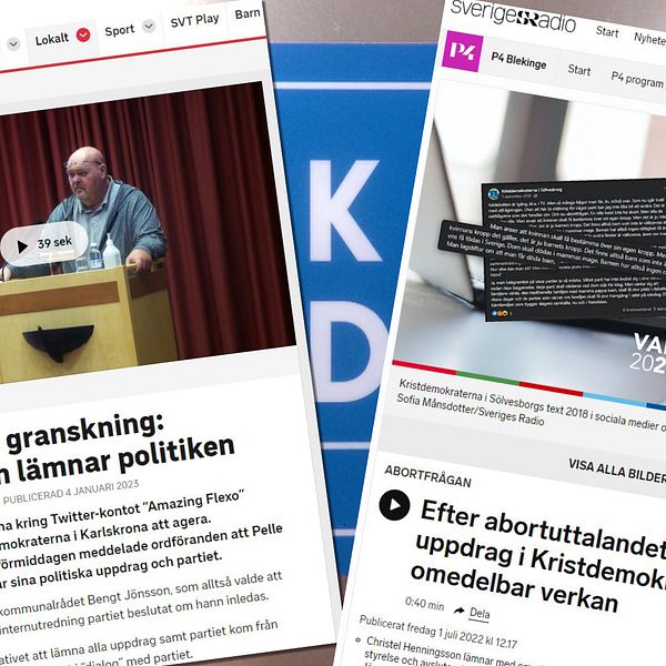 En delad bild som visar två nyhetsartiklar på svenska. Vänster sida visar en artikel från SVT Nyheter med rubriken ”Efter SVT:s granskning: Nordensson lämnar politiken,” med en person som talar vid ett podium. Höger sida visar en artikel från Sveriges Radio om abortlagstiftning, samt en bild med text som förklarar konsekvenserna av ett uppdrag kopplat till Kristdemokraterna. Bakgrunden på bilden är blå med texten ”KD.”