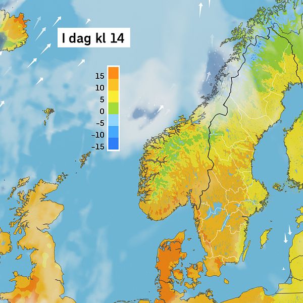Väderkarta som visar väder i Sverige – prognos för i dag och kommande dagar.