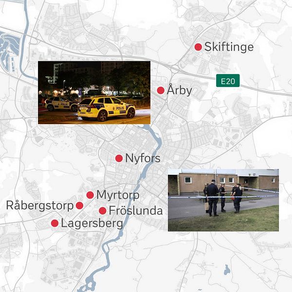 En karta över de sju stadsdelar i Eskilstuna som berörs av säkerhetszonerna.