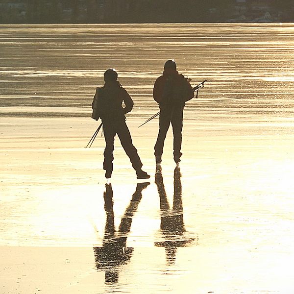 Två personer åker långfärdsskridskor på Storsjöns spegelblanka isyta. Långa skuggor sträcker sig bakom dem i det gyllene ljuset från solen.