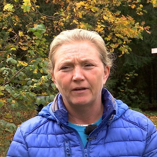 Personen bär en blå jacka och står framför en skogsmiljö med höstlöv i bakgrunden. En röd stuga är synlig i bakgrunden.