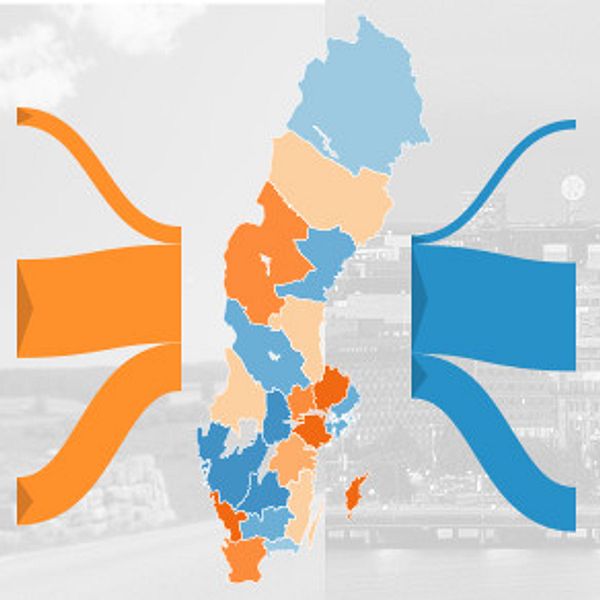 Kartbild över Sverige med regionerna i olika nyanser av orange och blå för att symbolisera flyttströmmar.