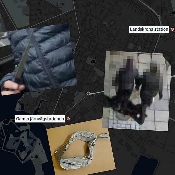 Olika bilder från förundersökningen på Emilia i Landskrona – silvertejp, kniv, Emilia på tågstationen och de misstänkta flickorna.