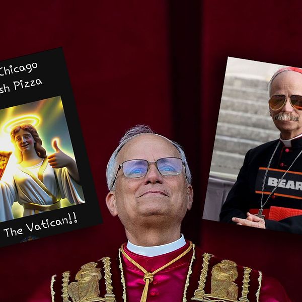 Kollage med påven Leo XIV och två av memesen som sprids på nätet: en poster som säger ”Brining Chicago Deep Dish Pizza To the Vatican” , samt en bild med påven i Chicago-tröja.