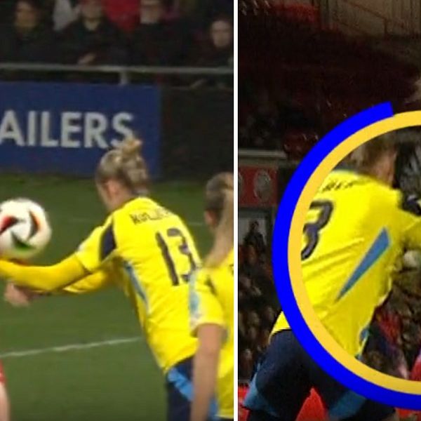 Tvådelad bild. Vänster: svensk fotbollsspelare blockar boll. Höger: kamp mellan svenska och motståndare.
